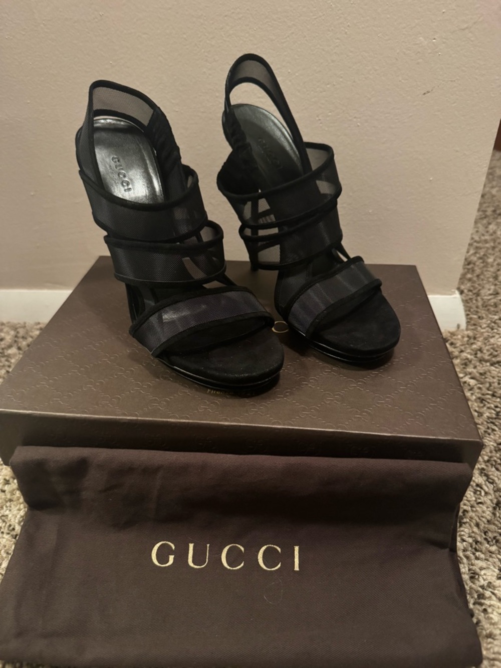 Gucci Black Mesh Multi-Strap High Heel Sandals